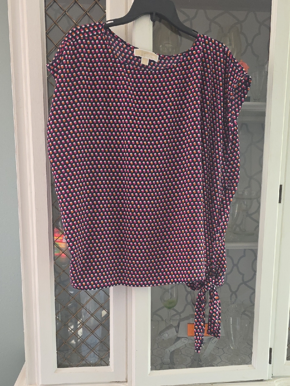 Michael Kors Navy and Pink Geometric Dot Blouse with Side Tie